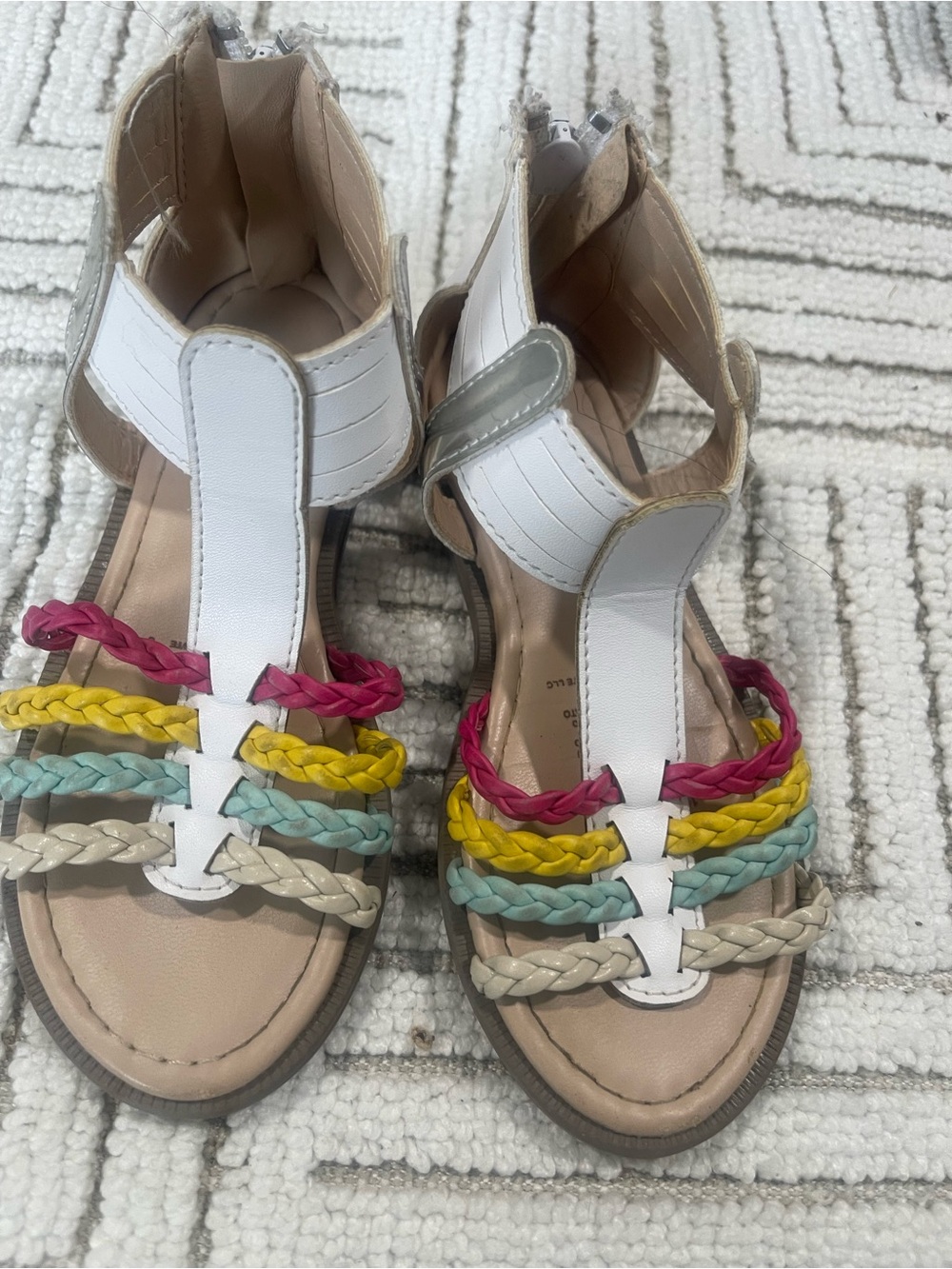 Girl White Braided Strap Sandals with Pink, Yellow & Aqua Accents